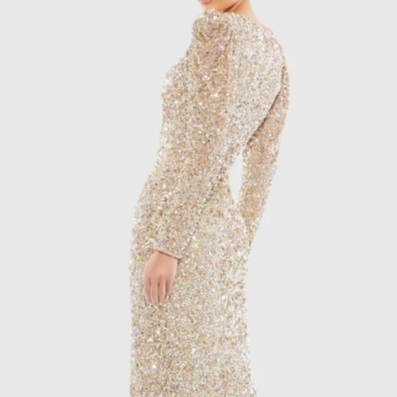 MAC DUGGAL 5510 PUFF SHOULDER SEQUINED SURPLICE SHIMMERING GOLD GOWN sz 8 - Picture 6 of 8